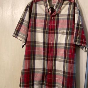 Brooks Brothers Mens Short Sleeve Button Up Red/Beige/Green Stripes